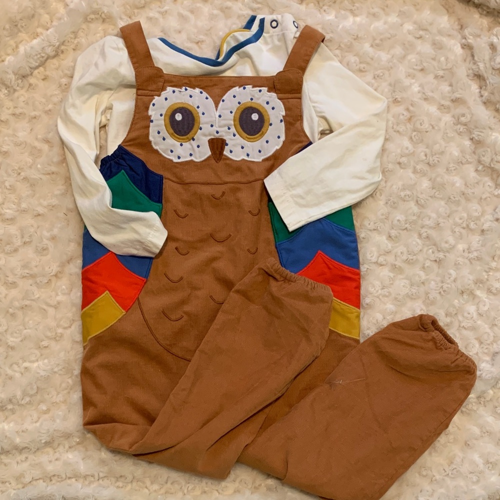 Baby Boden Corduroy Owl Overalls with coordinating long sleeve shirt, 3-4Y